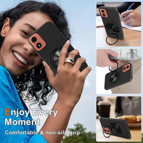 Vista 4 de Funda para teléfono Motorola Moto G24 / G04 / G04S / E14 4G con protector de pantalla de vidrio templado Soporte de anillo giratorio de 360° Soporte