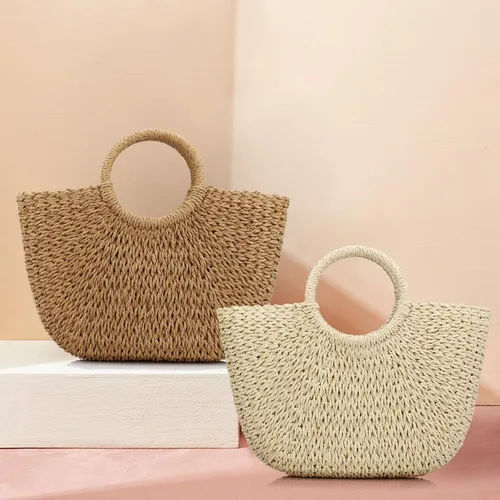 Vista 6 de Bolso de playa de verano para mujer, bolso de mano con asa superior, bolso de viaje de gran capacidad, bolso de mano tejido a mano, bolso grande