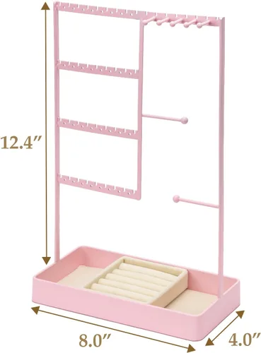Vista 6 de PiQi-Grecge Organizador de joyas, organizador de aretes de 4 niveles con bandeja de metal, soporte para joyas para collares, aretes, pulseras