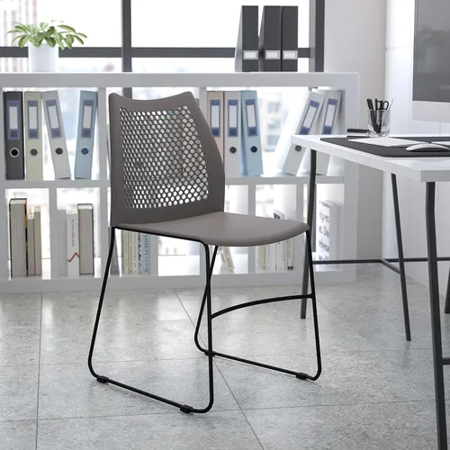 Vista 13 de EMMA + OLIVER Silla apilable con base de trineo negro para el hogar y la oficina con respaldo de ventilación de aire, silla de invitados