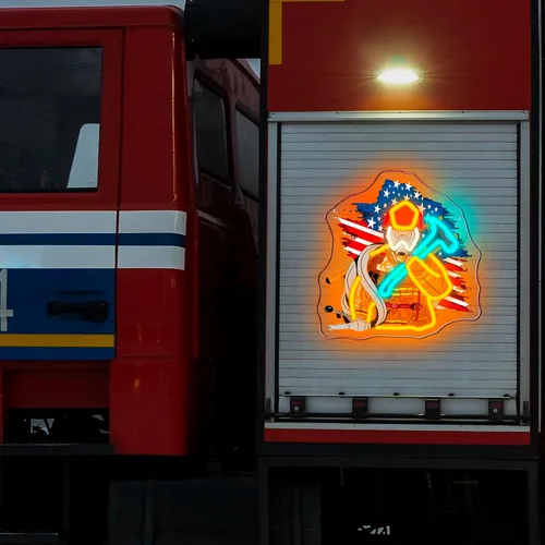Vista 2 de Mutank Letrero de neón de bombero, bandera estadounidense, luz de neón LED de bombero alimentado por USB, para primeros auxilios, tributo al héroe