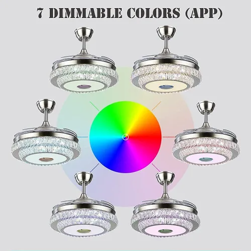 Vista 4 de HNDDS - Ventilador de techo Bluetooth de 42 pulgadas con luces, ventilador de techo de cristal de lujo con hoja retráctil, ventilador inteligente