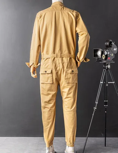 Vista 2 de Snoly Traje de vuelo con botones de algodón para hombre con cinturón, overol de trabajo resistente a las manchas y a las arrugas, mono de acción