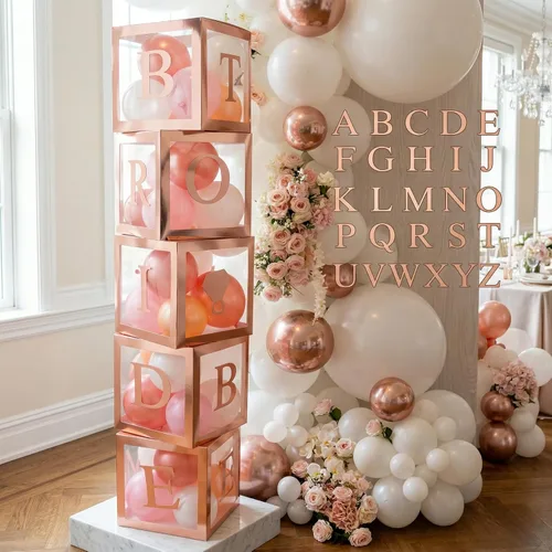 Vista 9 de 96 cajas de globos de decoración de despedida de soltera de color blanco, bloque transparente con BRIDE TO BE + GROOM + letras A - Z y 40 globos