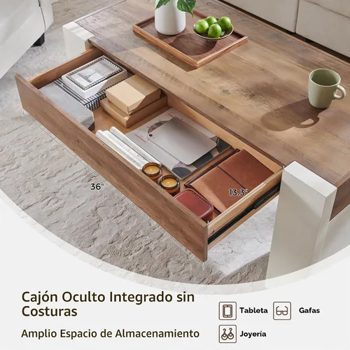 Vista 3 de OKD Mesa de café de 48" moderna estilo casa de campo, mesa de madera para sala de estar con cajón de almacenamiento oculto, mesas centrales