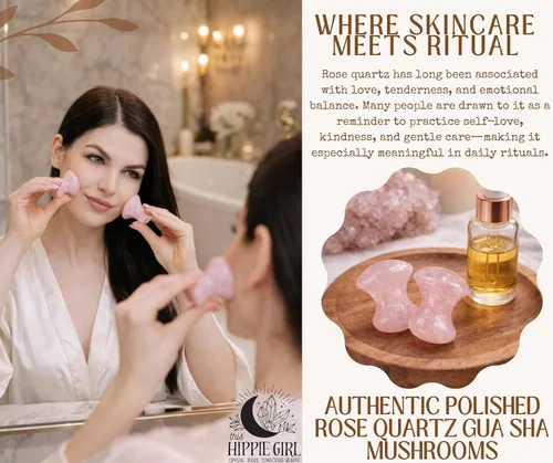 Vista 2 de Este juego de hongos Gua Sha para niña hippie, herramienta de masaje para tonificación facial de cuarzo rosa y esculpir yoga, herramientas