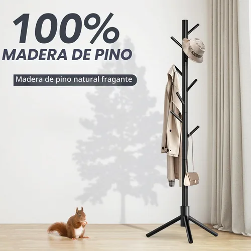 Vista 4 de Perchero de madera independiente con 8 ganchos, fácil montaje, perchero de pino de Nueva Zelanda, 3 tamaños ajustables para ropa, sombreros, bolsas