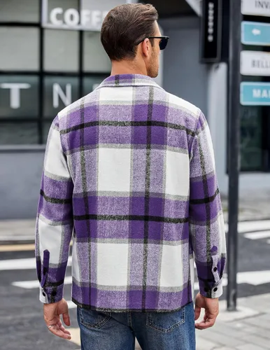 Vista 4 de COOFANDY Camisas de franela para hombre, casual, con botones, a cuadros, chaqueta de manga larga, chaqueta de forro polar con bolsillos