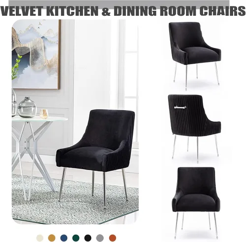 Vista 6 de Sillas de comedor de estilo moderno de terciopelo tapizado, silla de acento de tocador con barra vertical, silla capitonada con patas plateadas