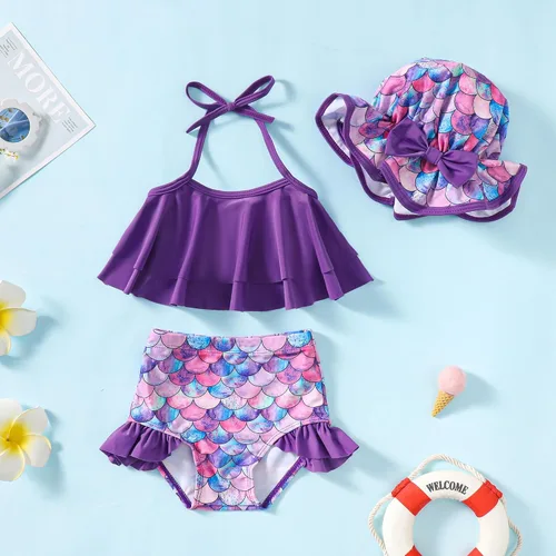 Vista 2 de LYSMuch Traje de baño para niñas pequeñas, traje de baño de 3 piezas con sombrero