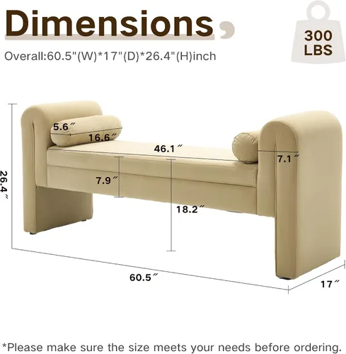 Vista 2 de Banco de terciopelo para dormitorio al pie de la cama, banco otomán tapizado con botones capitoné de 60.5 pulgadas con brazos curvos, otomán