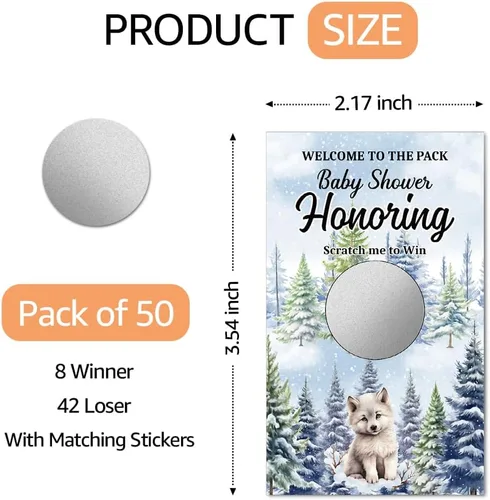 Vista 3 de Juego divertido de 50 piezas de Welcome To The Pack, tarjeta de rascar de lobo de nieve para baby shower, suministros de fiesta de cumpleaños
