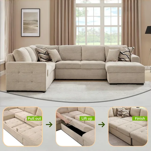 Vista 4 de THSUPER Sofá cama seccional de 123 pulgadas con cama extraíble, 6 plazas en forma de U de gran tamaño, sofás seccionales con diván de almacenamiento