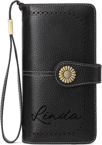 Vista 29 de Cartera de pulsera personalizada, carteras con nombre grabado personalizado con bloqueo RFID, gran capacidad, cartera de mano para tarjetas de Cuero