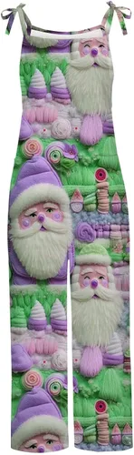 Vista 5 de Monos navideños en 3D para mujer, monos largos de bolsillo, con tirantes de espalda para vacaciones