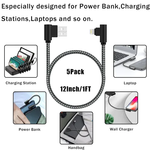 Vista 5 de Cargador para iPhone de 1 pie, certificado MFi, cable Lightning trenzado, cable de carga de codo de 90 grados, compatible con iPhone 14 13 12 11 Pro