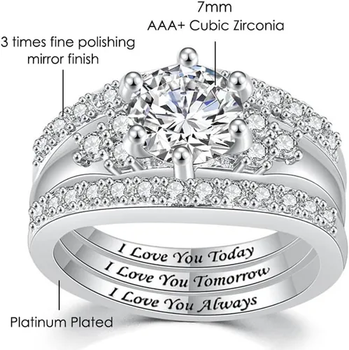 Vista 6 de Jude Jewelers Juego de anillos de novia con halo de boda chapado en platino tres en uno, Metal, Zirconia cúbica