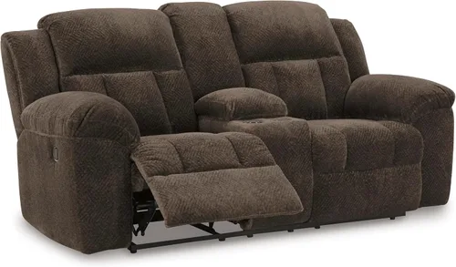 Vista 12 de Signature Design by Ashley Frohn - Sofá biplaza reclinable doble manual moderno con consola, almacenamiento y portavasos, color marrón oscuro