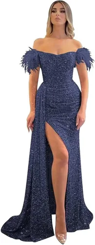 Vista 20 de Vestidos de fiesta de lentejuelas con hombros descubiertos, vestido formal de sirena brillante, vestido largo de fiesta de noche con abertura
