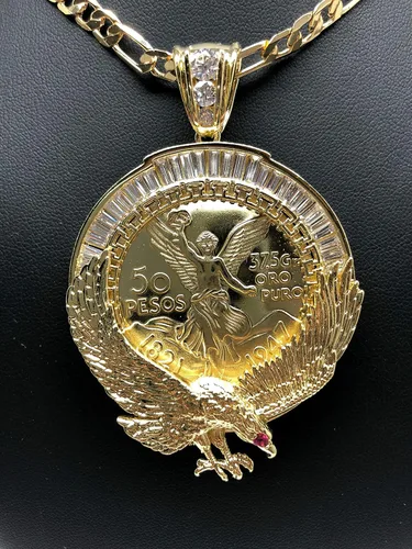 Vista 4 de Cadena chapada en oro Centenario Mexicano Moneda 50 Pesos Águila Colgante Cadena CZ Oro Cadena 26