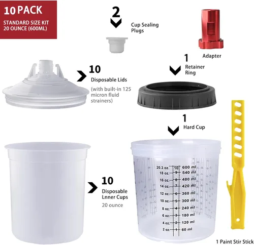 Vista 2 de Kit de Tazas Mezcladoras de Pintura Desechables, Kit de Tazas Mezcladoras para Pistola Pulverizadora de Pintura HVLP de 20 Onzas (600ml) con Sistema