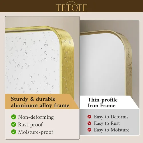 Vista 3 de Espejo de marco dorado cepillado de 16 x 24 pulgadas, espejo de tocador de baño de latón dorado para pared, espejo enmarcado rectangular de esquina