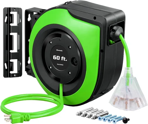 Vista 12 de DEWENWILS - Carrete de cable de extensión retráctil de 60 pies con 6 tomas de tierra, cable de alimentación resistente con tapón de bloqueo
