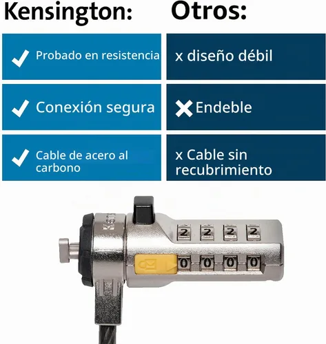 Vista 8 de Kensington Cable de Combinación con Barra en T Ranura de Bloqueo Estándar para Laptops, Contraseña Restablecible de 4 Dígitos con Cable de 6 Pies