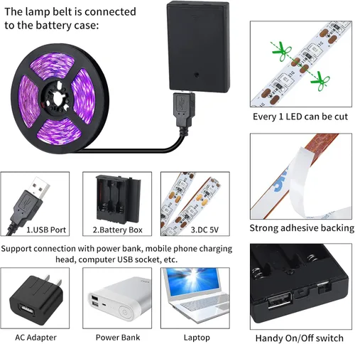Vista 3 de Tira de luz negra USB de 16.4 pies con caja de batería, tira de luz negra LED de 5 V, 300 LED para brillar en la oscuridad, 385-400 nm para fiesta