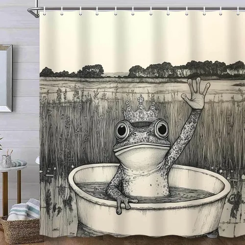 Vista 2 de JAWO Divertida cortina de ducha con diseño de rana, bonita decoración de baño, rústica, impermeable, juego de cortina de ducha con ganchos, 69 x 70