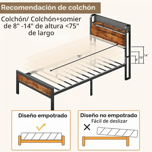 Vista 7 de Furnulem Base de cama tamaño individual con luces LED y estación de carga, base de cama con cabecera de almacenamiento de madera, cama de plataforma