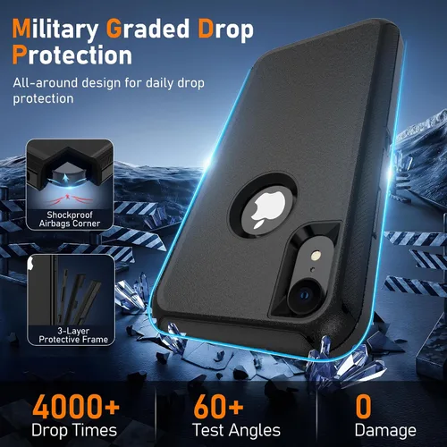 Vista 2 de Jshru para iPhone XR Funda con [2 Pack] Protector de Pantalla HD, [Grado Militar] 3-en-1 Resistente Protector de Cuerpo Completo a Prueba de Negro