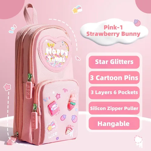 Vista 2 de Estuche de cartón lindo con diseño de oso y conejito de fresa, helado, 3 capas, gran capacidad, estuche organizador de cosméticos (rosa-1)