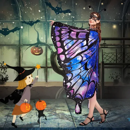 Vista 6 de Tibeha ButterflyWingsforWomen Kids - Double-SidedPrintingCostumeHalloweenGirls CapewithMaskandAntennaHeadband