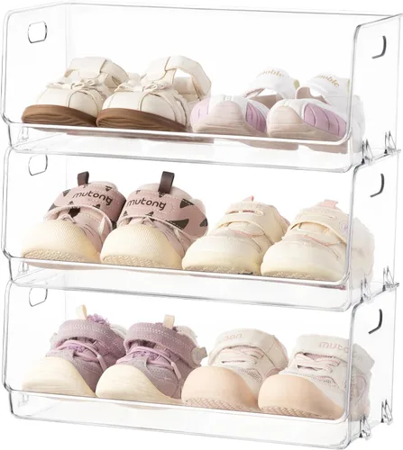 Vista 8 de HBlife Zapatero de acrílico transparente para niños, organizador de almacenamiento de zapatos para bebé, piso, entrada, dormitorio, 2 niveles