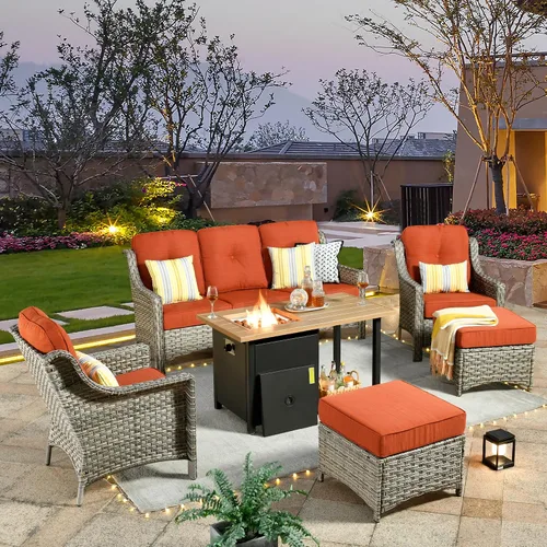 Vista 82 de HOOOWOOO Sofá de patio de 3 plazas de mimbre para exteriores, resistente a todo tipo de clima, con respaldo alto, muebles a juego (beige y bronceado)