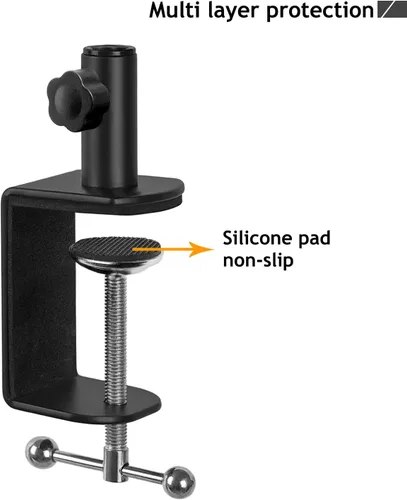 Vista 6 de Abrazadera de escritorio de metal para soporte de micrófono, abrazadera de mesa con brazo de pluma de montaje en C, ajuste de perilla lateral