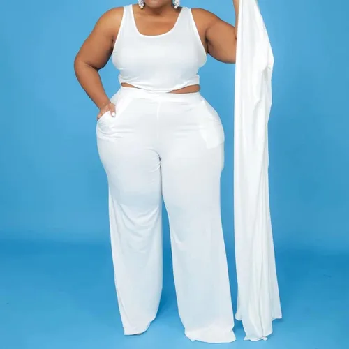 Vista 5 de Conjunto de 3 piezas de 3 piezas con cárdigan de talla grande y pantalones largos de pierna ancha