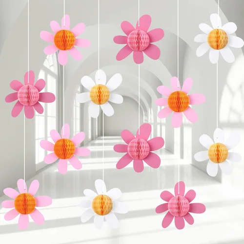 Vista 8 de Poen - 12 decoraciones de fiesta de margaritas con diseño de panal de abeja, flores bohemias para colgar en papel, decoraciones de verano, aula