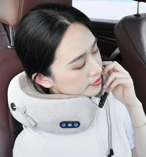 Vista 3 de Almohada de viaje, almohada de cuello de espuma viscoelástica, funda cómoda y transpirable, kit de viaje en avión con función de vibración de Rosa