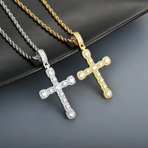 Vista 5 de STARCHENIE Collar de cruz de latón chapado en oro, colgante de crucifijo de circonita cúbica, cadena de cuerda de 24 pulgadas, Metal, Circonia cúbica