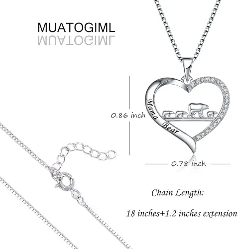 Vista 2 de MUATOGIML Collar de plata de ley 925 con colgante de corazón para mamá, oso, panda, elefante, perezoso, collares de animales para madre, hijo, hija