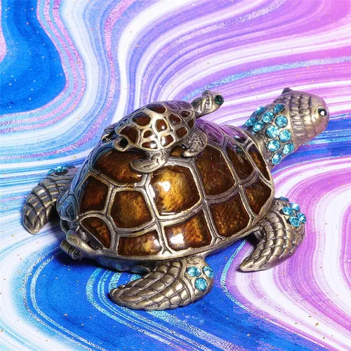 Vista 5 de Waltz&F Joyero de tortuga con cristales verdes claros brillantes, caja de baratijas con bisagras, figura pintada a mano, soporte para anillo