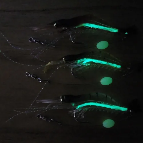 Vista 6 de Goture Soft Shrimp Lures Fishing Saltwater Luminous Shrimp Bait Set Fishing Lures with Sharp Hooks for Freshwater Saltwater Trout Bass Salmon