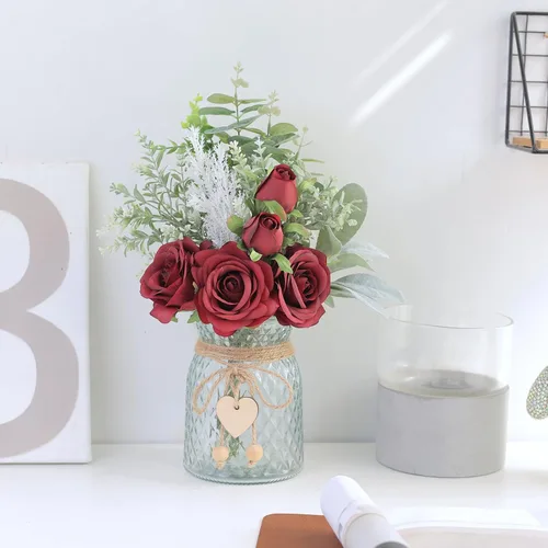 Vista 5 de Rosas artificiales de seda de 14.5 pulgadas con jarrón para decoración del Borgoña