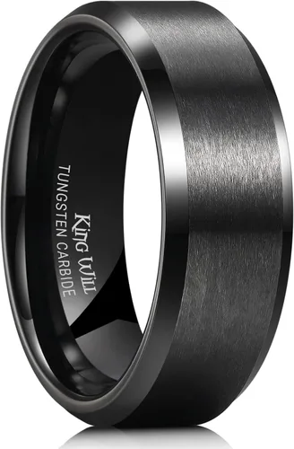 Vista 21 de King Will Anillo de tungsteno para hombres de King Will - Disponible en 6 mm a 10 mm, negro/plata, acabado mate, borde biselado pulido, ajuste