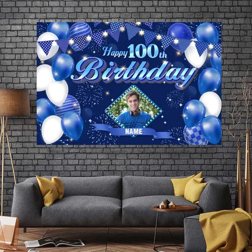 Vista 7 de Dicodes Fondo de decoración de feliz cumpleaños número 100 color azul marino personalizado, cartel con purpurina, pancarta, suministros