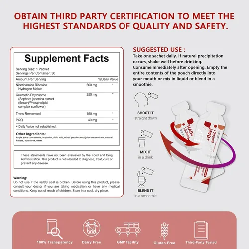 Vista 7 de Suplemento NAD 1000 mg paquetes líquidos – Suplementos NAD para mujeres y hombres con ribósido de nicotinamida, resveratrol, PQQ, quercetina