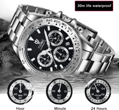 Vista 4 de Dentily Reloj de cuarzo para hombre, cronógrafo, de acero inoxidable, impermeable, para negocios, para hombre