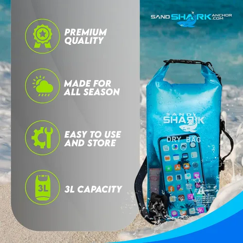 Vista 5 de SandShark Bolsa seca impermeable de 3 litros – Bolsa de playa con funda transparente para teléfono, bolsa enrollable para canotaje, rafting